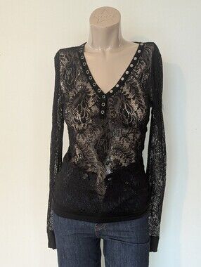 Black Lace Long Sleeve Just Divine top, XL fit Large